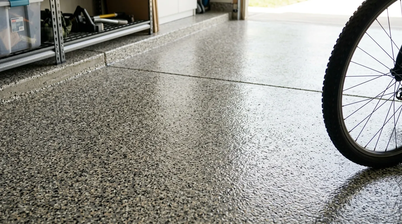 Gros plan sur un sol en résine à flocons gris et beige