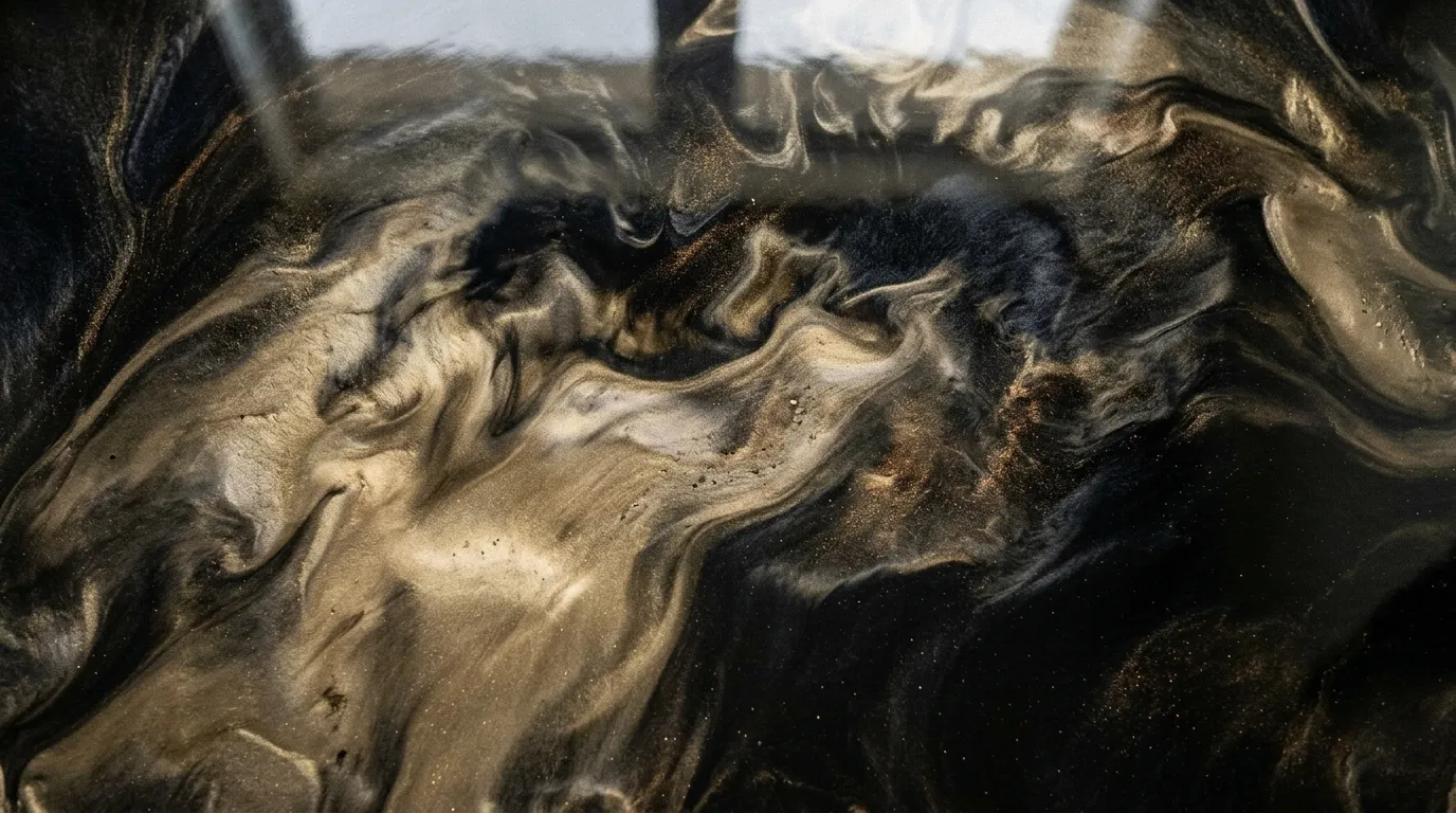 Résine métallisée aux volutes dorées et noires, en gros plan
