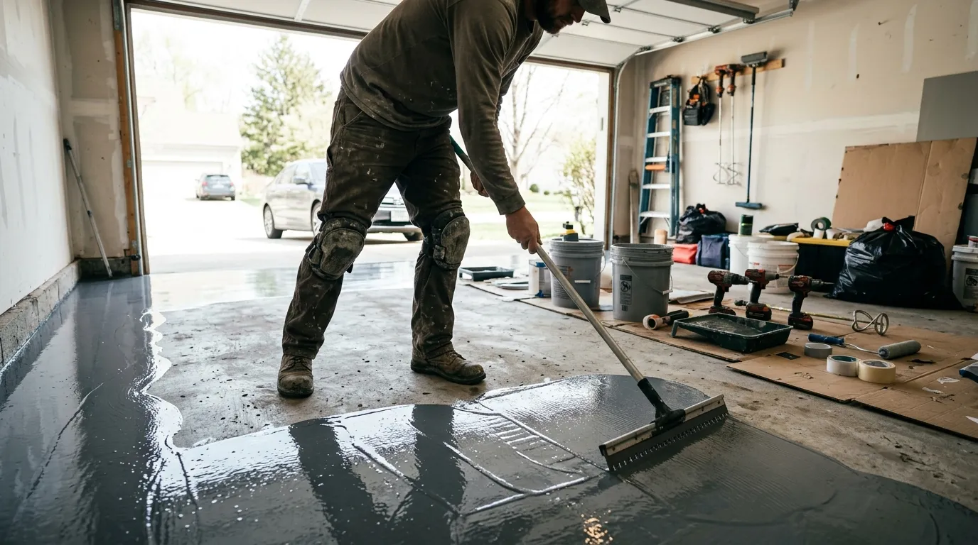 Artisan étalant une résine époxy au sol d’un garage