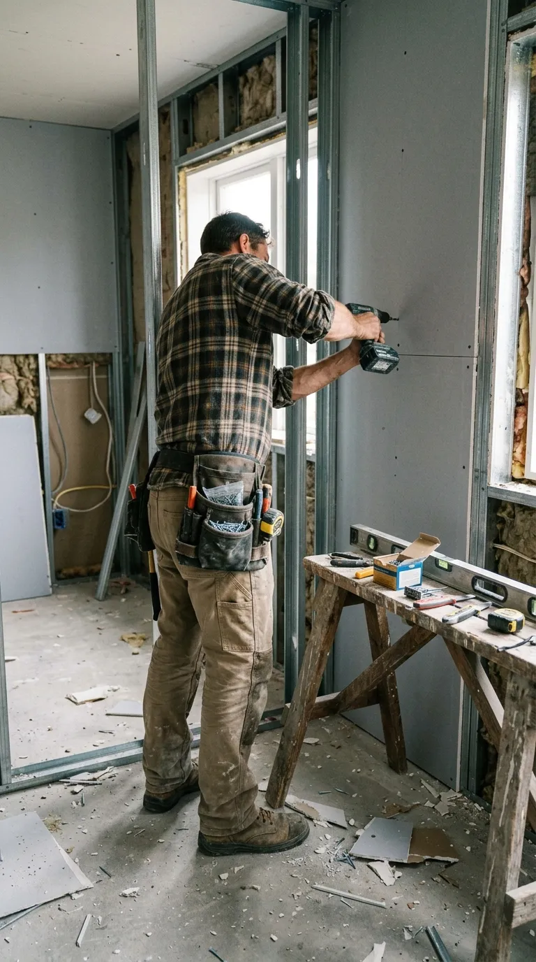 Artisan fixant une plaque de placo sur une ossature métallique