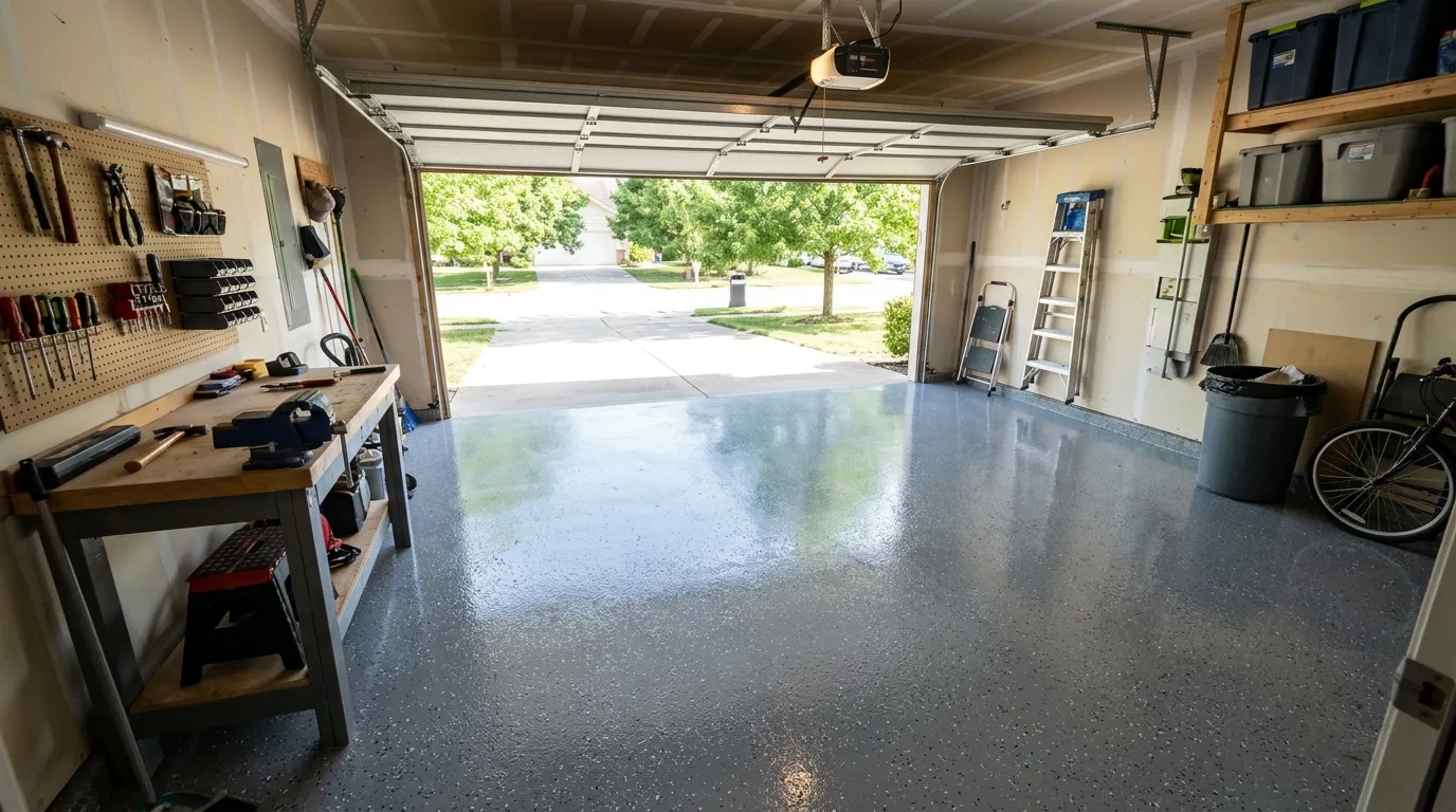Garage avec sol en résine à flocons, établi et porte ouverte sur le jardin