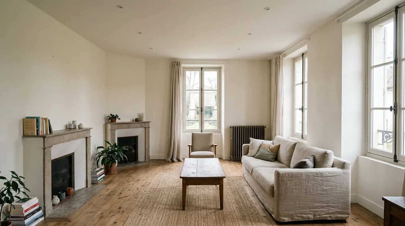 Salon rénové aux murs clairs avec cheminée et parquet