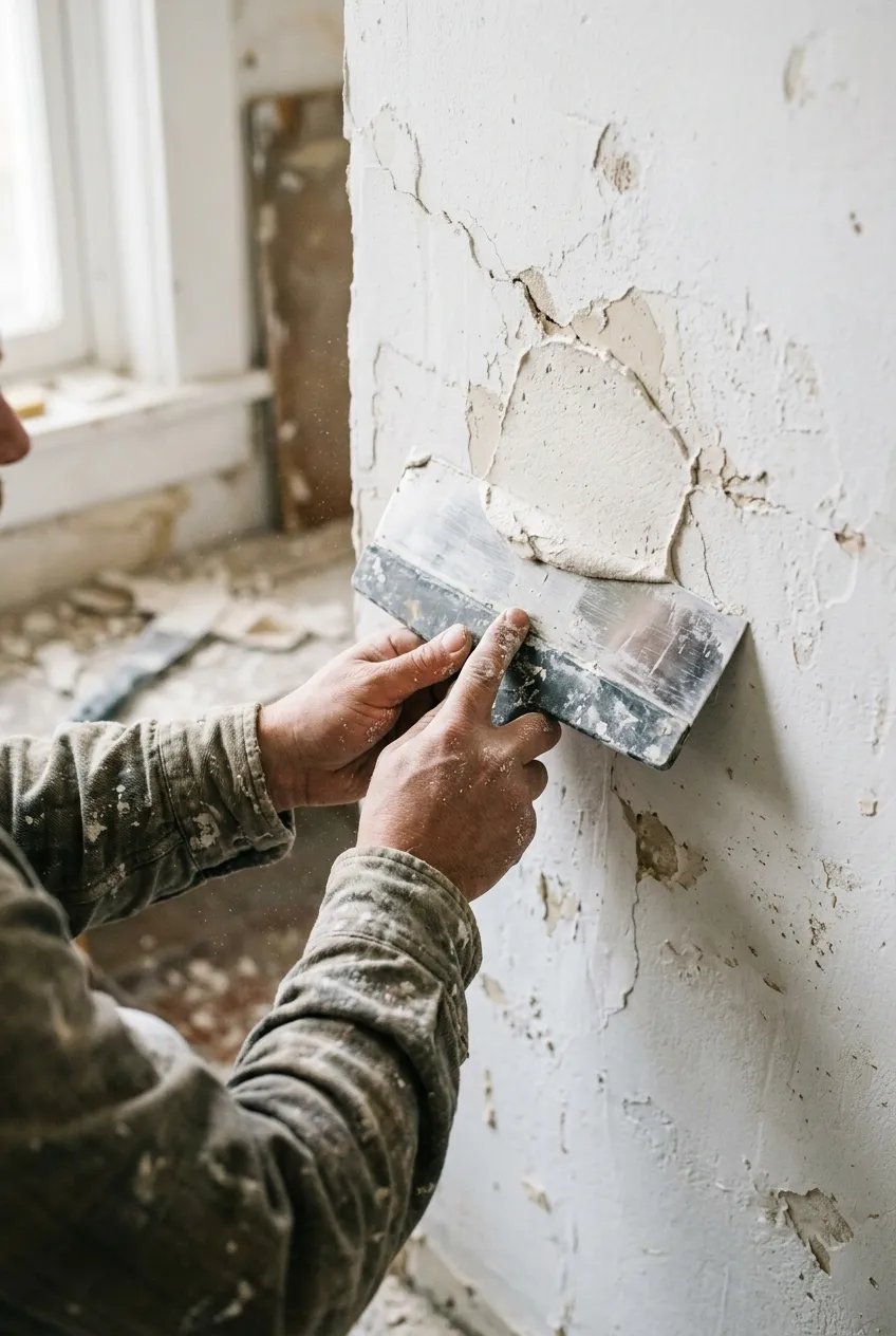 Mains appliquant un enduit de rebouchage au couteau sur un mur abîmé