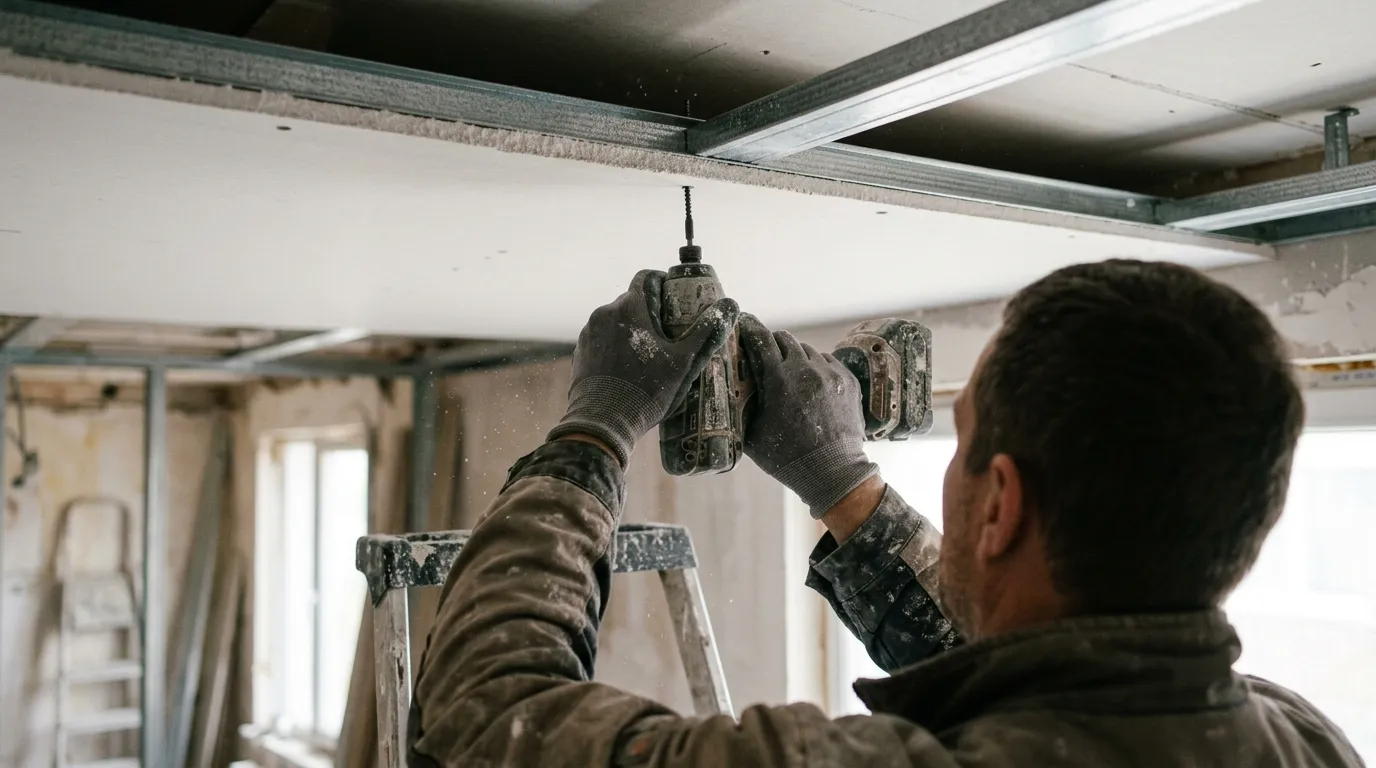 Mains gantées vissant une plaque de placo au plafond