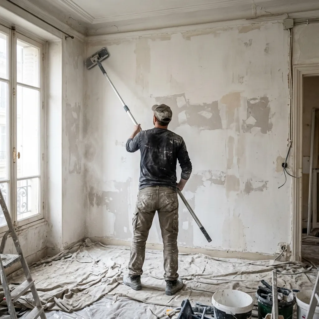 Artisan ponçant un mur à la perche dans une pièce en rénovation