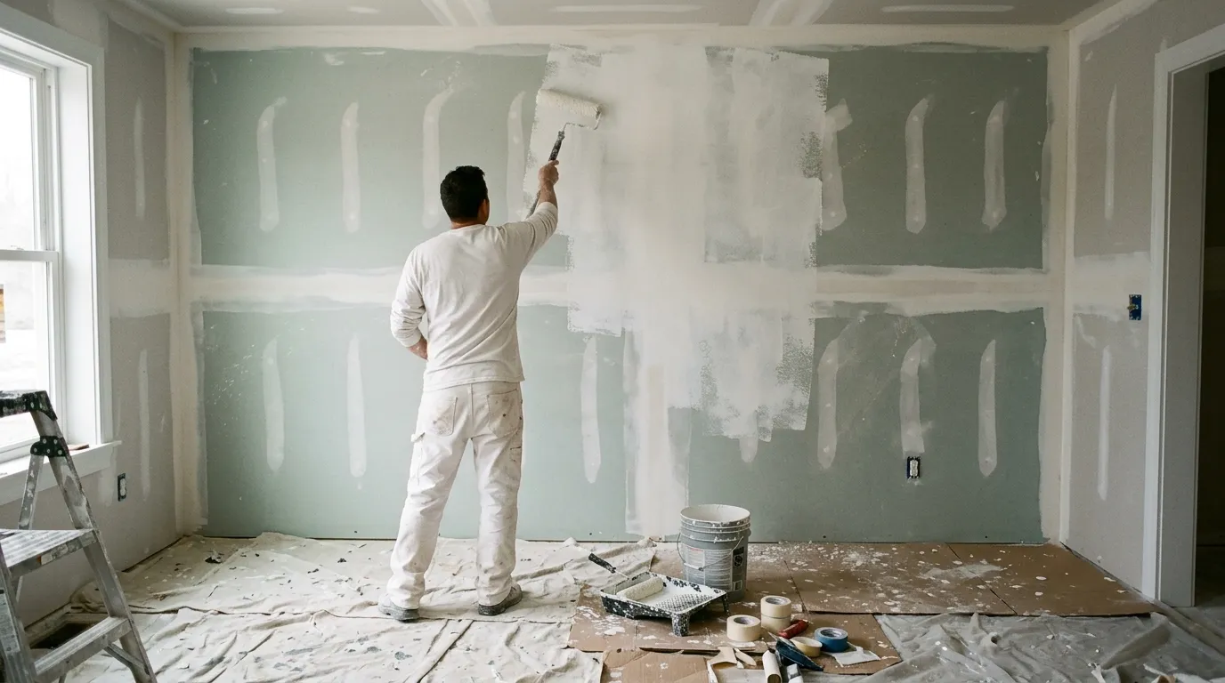 Peintre appliquant la sous-couche au rouleau sur une cloison en placo