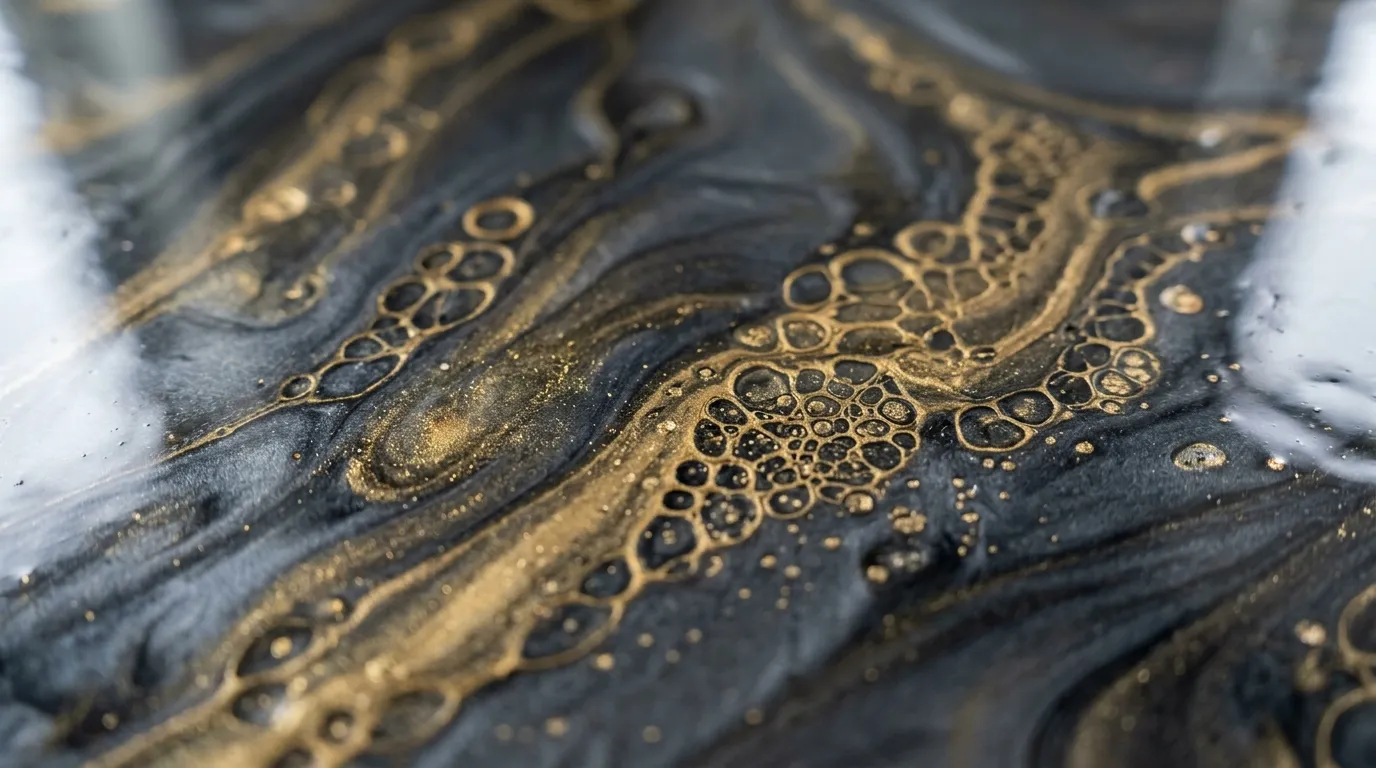 Pigments dorés formant des cellules dans une résine sombre