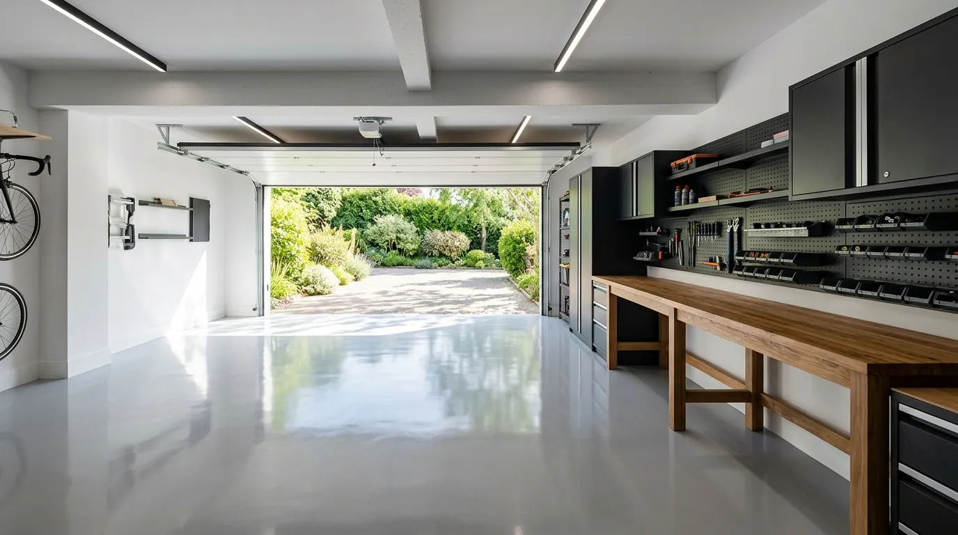 Garage ouvert sur le jardin, sol en résine gris clair brillant et établi en bois