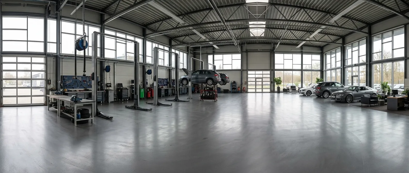 Grand atelier automobile vitré au sol en résine gris clair