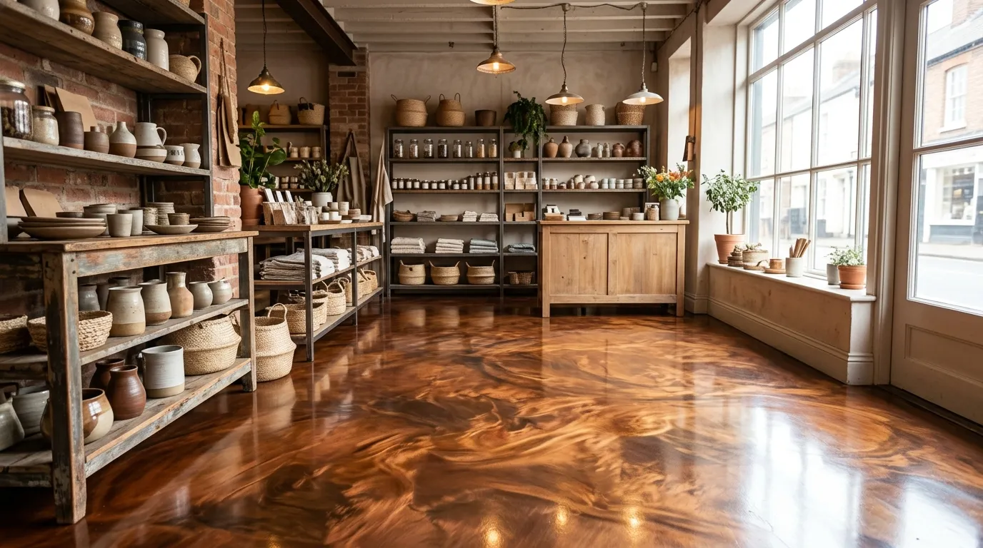 Boutique aux étagères en bois et sol métallisé bronze