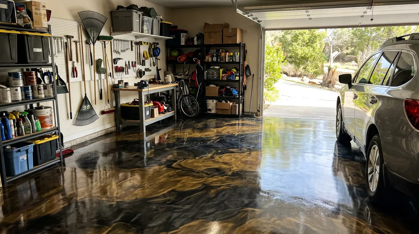 Garage équipé au sol en résine métallisée noire et dorée