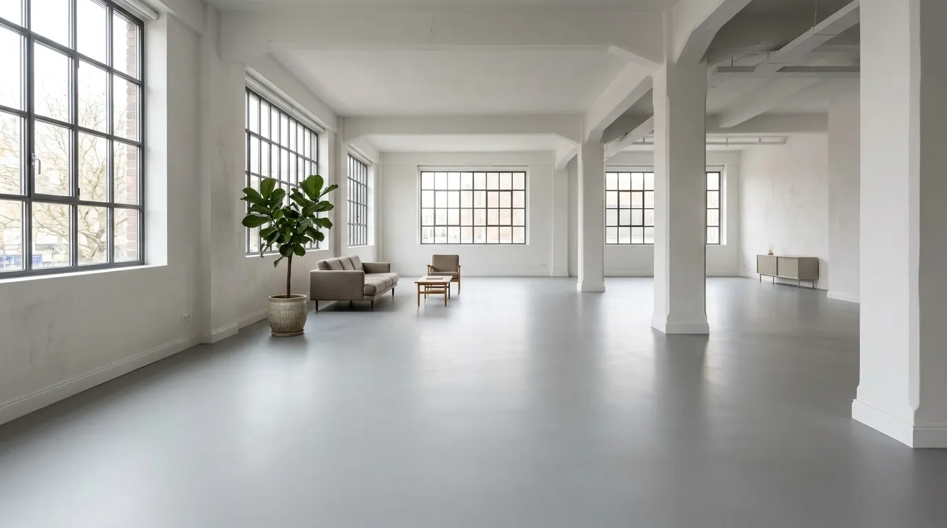 Grand loft lumineux aux murs blancs et au sol en résine gris uni