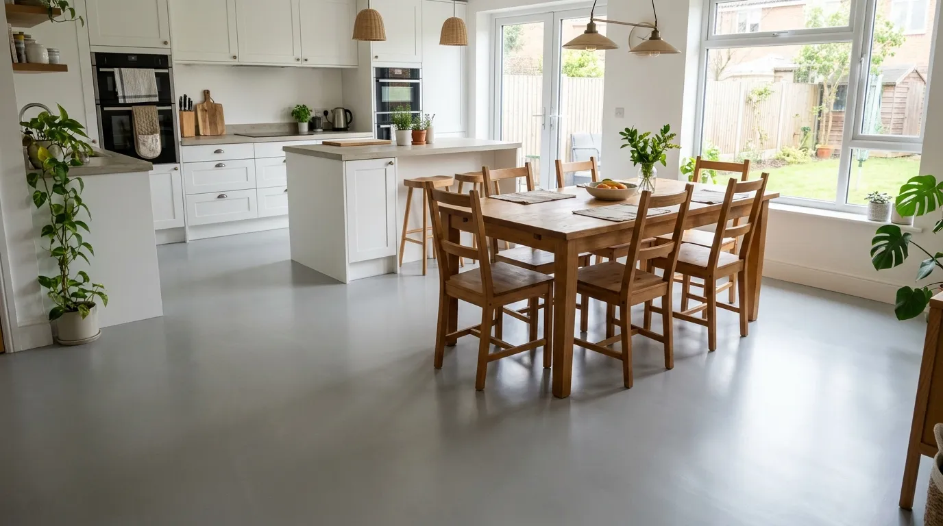 Cuisine ouverte avec table en bois et sol en résine gris clair
