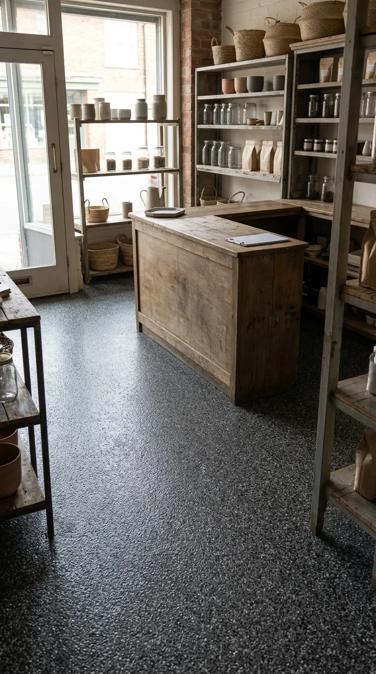 Boutique avec comptoir en bois et sol à flocons sombre