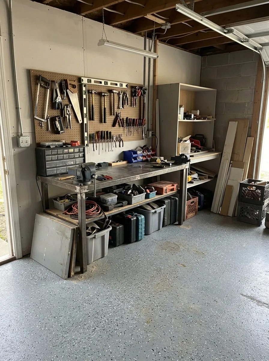 Atelier avec établi et sol à flocons