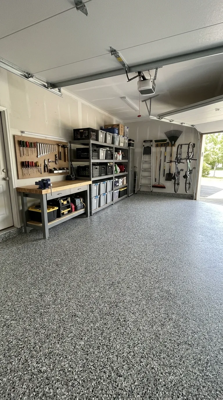 Garage rangé avec un sol en résine à flocons gris